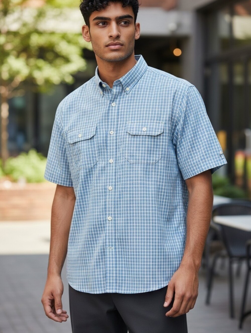 Old Navy Blue Plaid Short-Sleeve Button-Up Shirt